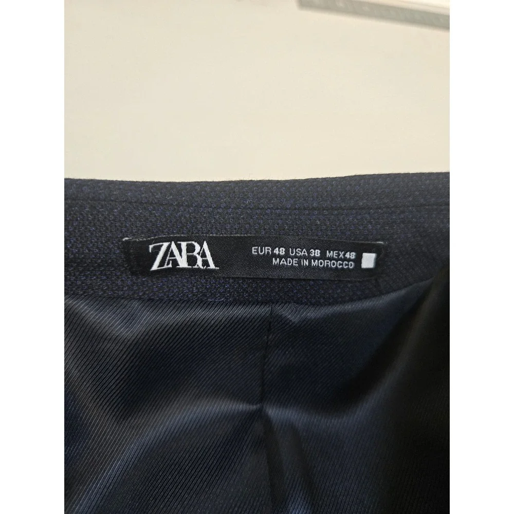Zara Man Navy Blue Textured Wool Blend Two Button Suit Jacket Blazer Size 38R